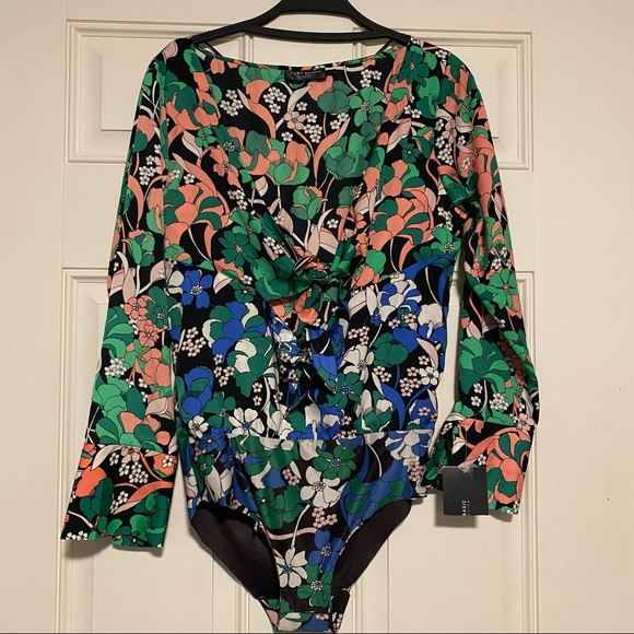 NWT Zara Double Tie Front Floral Bodysuit Plunge Neckline Size Small - Picture 4 of 9